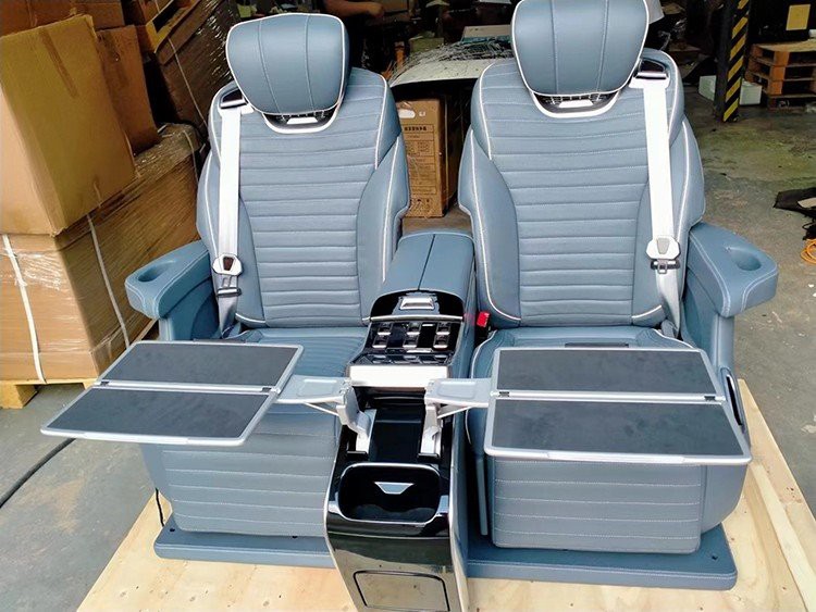Automotive rear split armrest box and seat kit with Maybach style folding table top