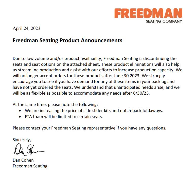 freedman seating company announcements